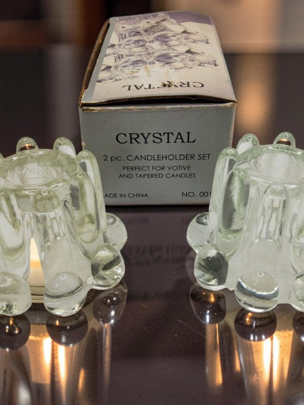 vintage alco pair of crystal glass votive and tapered candle holders.